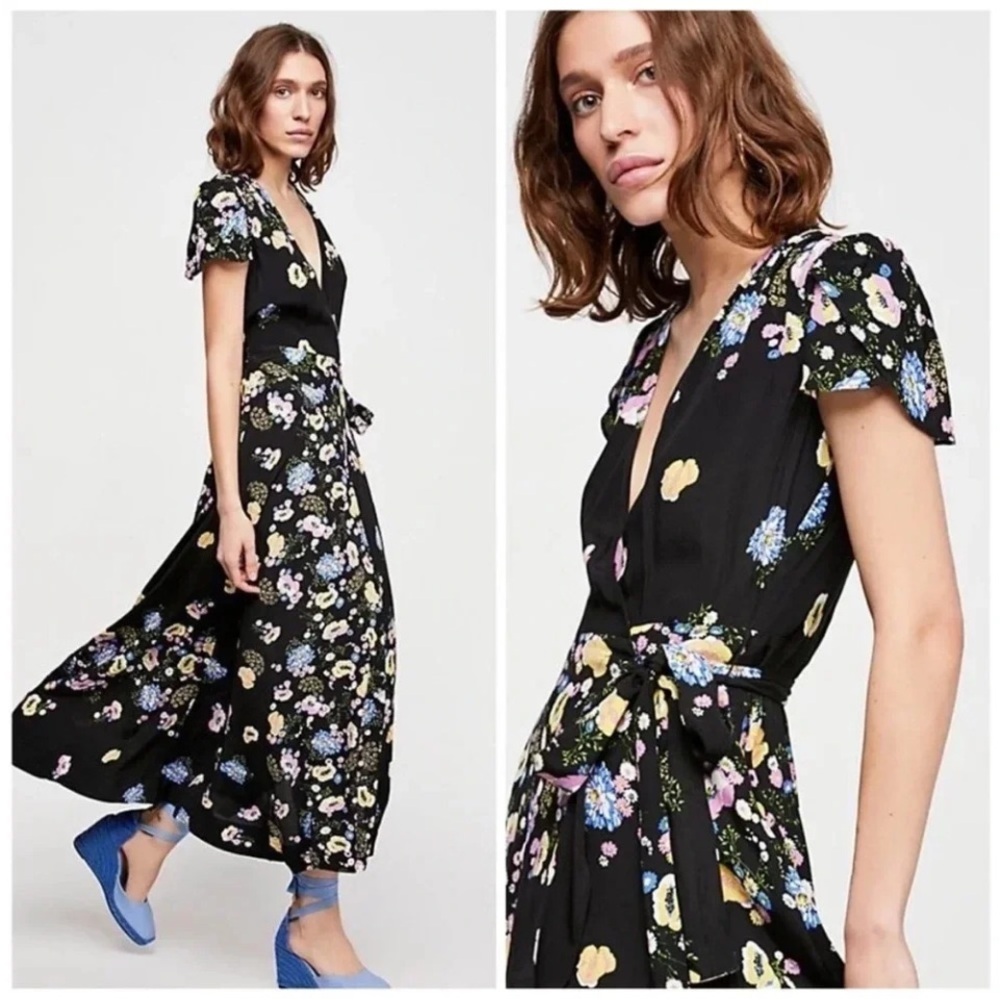 Free People Floral Tie Waist “Gorgeous Jess Wrap Dress” in Black Combo Size S